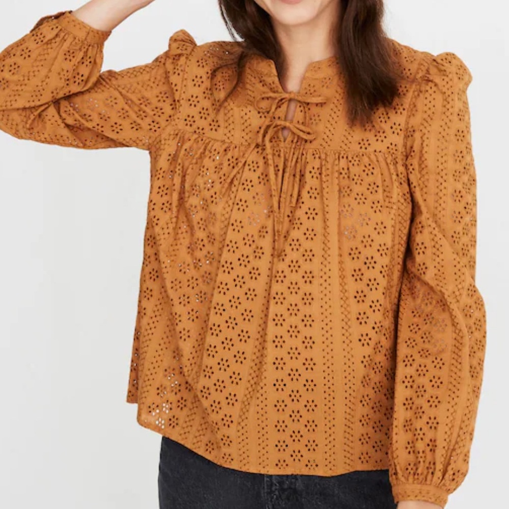 Madewell Eyelet Double-Tie Peasant Top Mustard Sz M NWOT